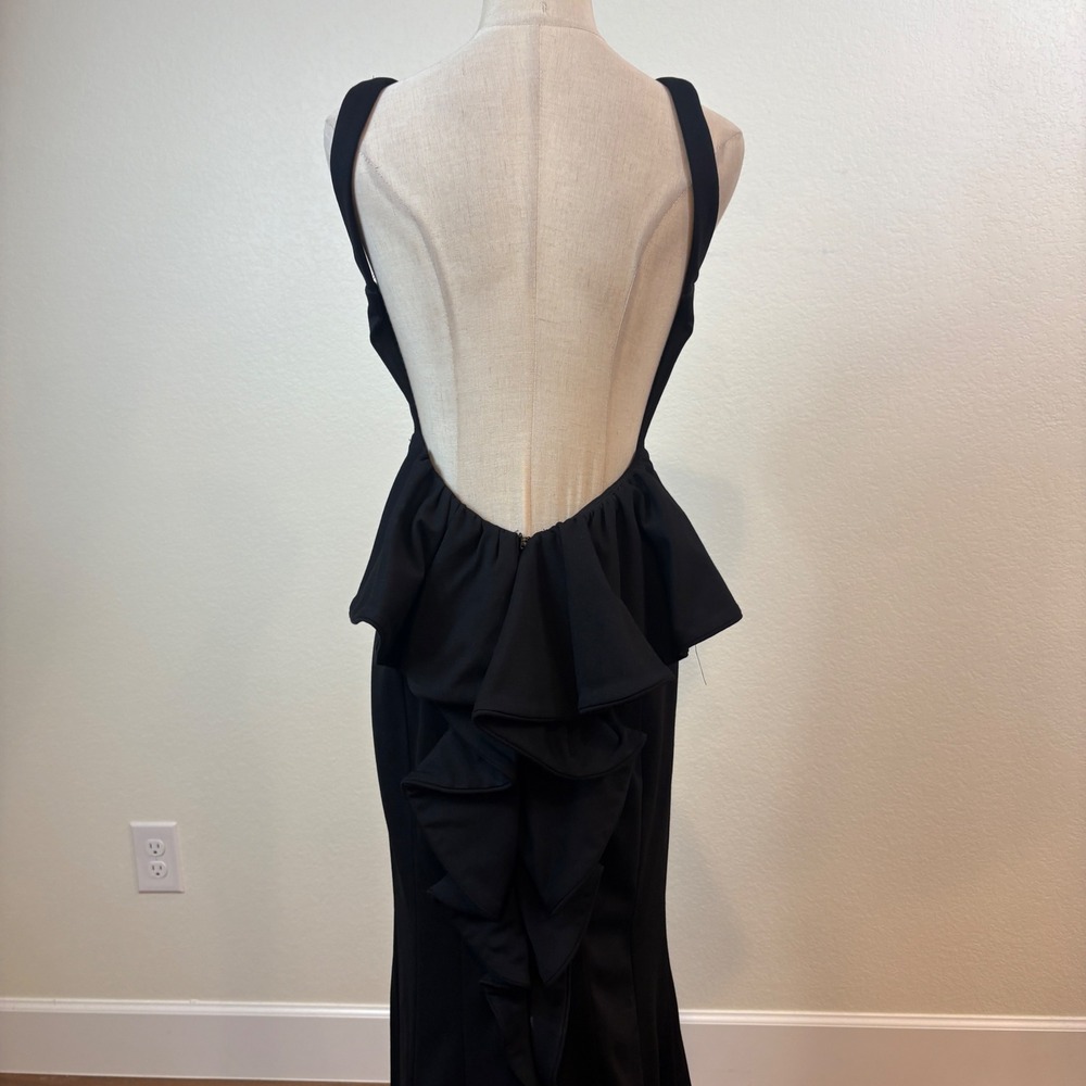 XSCAPE Gown Women 4 Black Open Back Ruffle Peplum Cutout Maxi Train minimalist - Picture 7 of 11